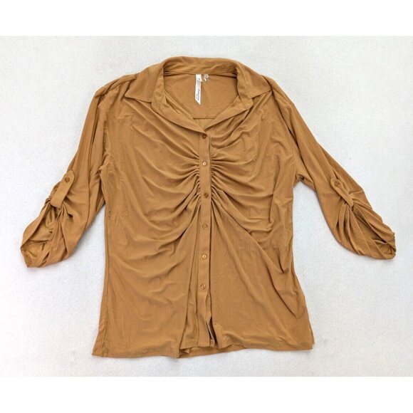 NY Collection Woen's Top Size 2X Gold 3/4 Sleeve Stretch Knit Button-Up - Picture 1 of 13